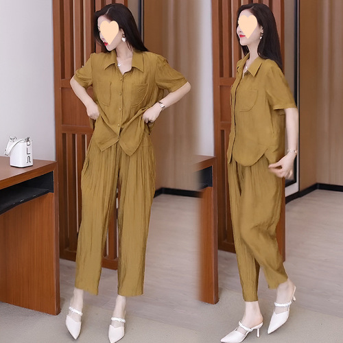 Fashion Summer Set Women 2025 Casual Korean Version Stylish Mother's Outfit Short Sleeve Shirt Two-Piece Set