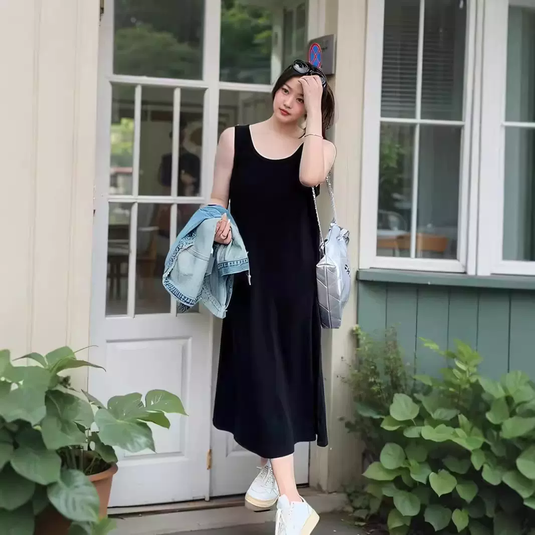 背心裙大码女200斤胖mm百搭圆领针织宽松藏肉显瘦打底连衣裙2525