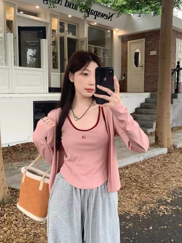 大码女装胖mm秋季新款遮肚显瘦套装甜辣小上衣吊带长袖开衫两件套|undefined