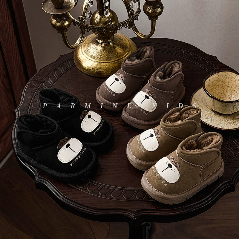 Детские милые хлопковые сапоги с флисовой подкладкой в виде собачьей головы, утолщенные зимние сапоги 2025 года, новые мультяшные теплые снегоступы для мальчиков и девочек.