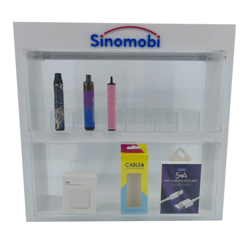 深圳名彩发光电子烟架磁白亚克力雾化器展示架双层带隔条电子烟柜