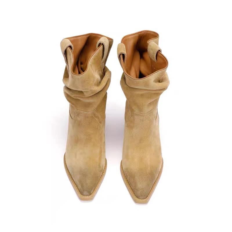 Leather denim low boots pointy toe, fitted, mid-length