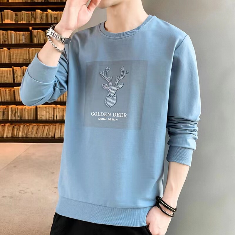 New Sweater Men's Spring and Autumn Men's Long-sleeved T-shirt Crewneck Pullover Casual Base Shirt Fashionable Top for Young Students