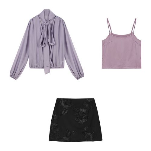 Purple Cross V-Neck Long-Sleeve Shirt + Slip Dress 2025 Spring Black Short Skirt Korean Style Fashion Set