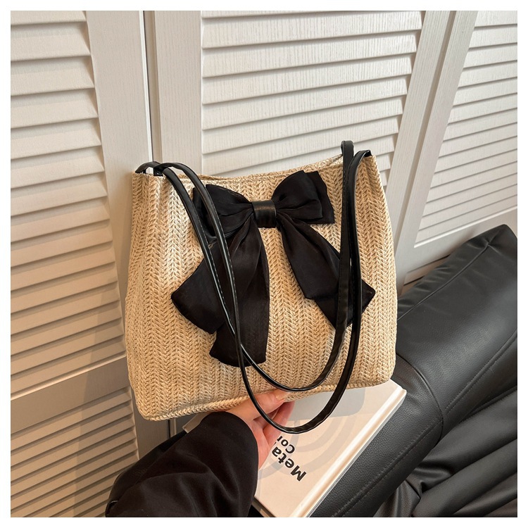 Summer New Style Bow-Knot Straw Shoulder Bag for Women, Versatile Casual Vacation Style Handbag, Large Capacity Tote Bag