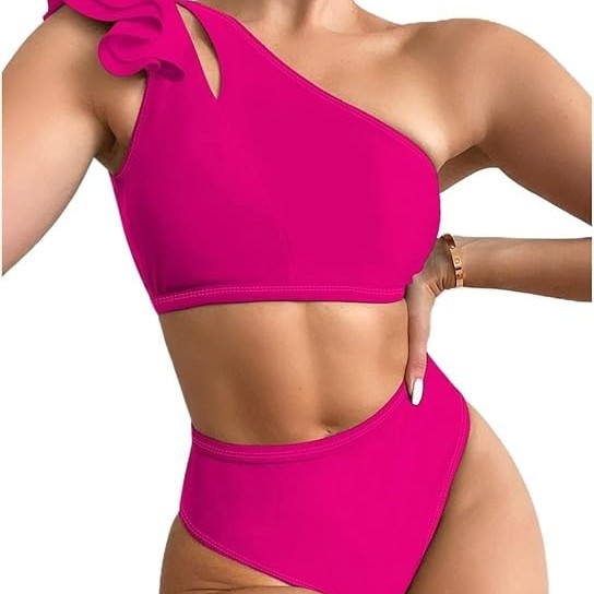 2025 Amazon Explosive Solid Color Sexy Split High Waist Shoulder Flip Women's Bikini Multicolor Optional Swimwear