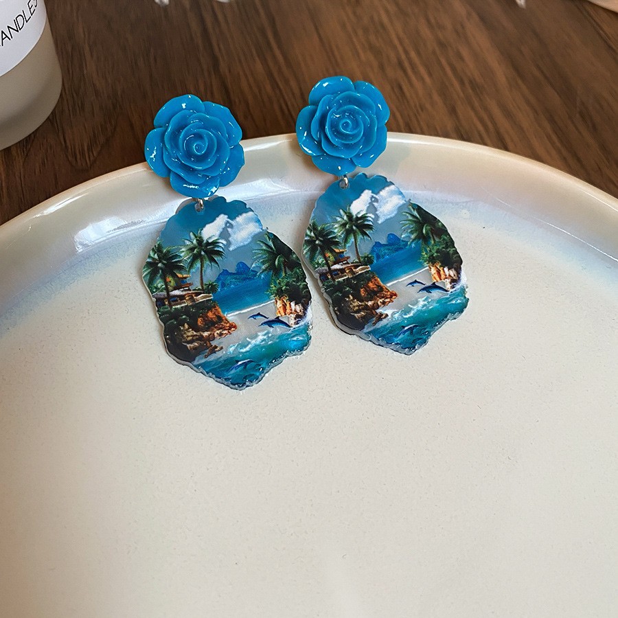Pendientes de girasol de pintura al óleo francesa con aguja de plata, diseño creativo, pendientes de flamenco, pendientes de estilo artístico estético transfronterizo