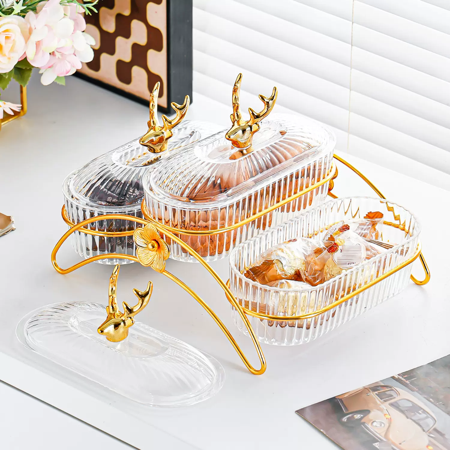 轻奢干果碟果盘轻奢家用小食碟铁艺架子商用酒店零食碟分格水果盘