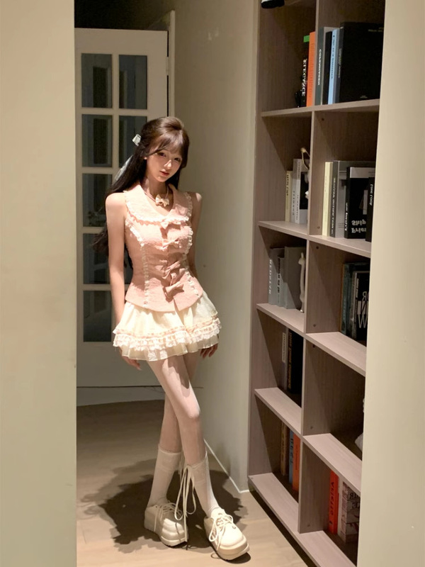 Bow Lace Pink Doll Collar Vest Top Sweet Suit Women's Summer Fluffy Skirt Two-Piece Set