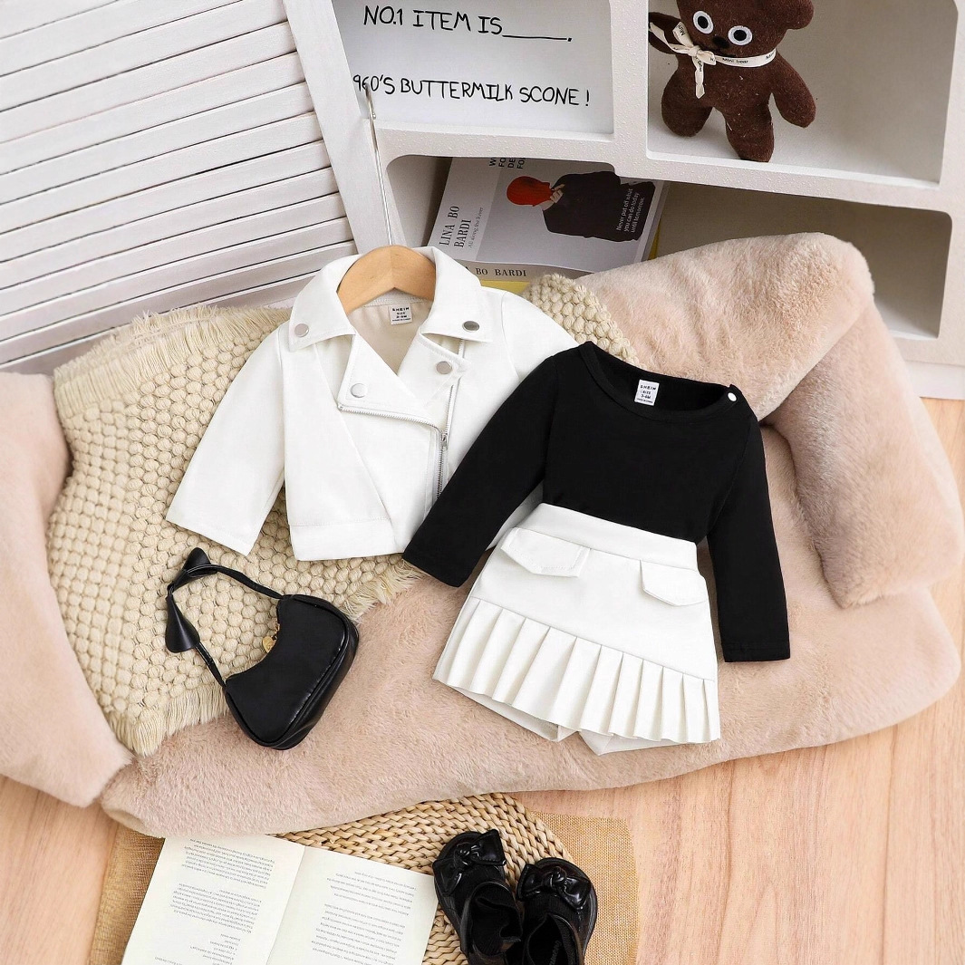 Dreiteiliges Set im koreanischen Stil für Mädchen, Herbst/Winter, hochwertige Motorradbekleidung aus PU-Leder mit Revers, Kleinkinderkleidung (3-7 Jahre)_voghion.com