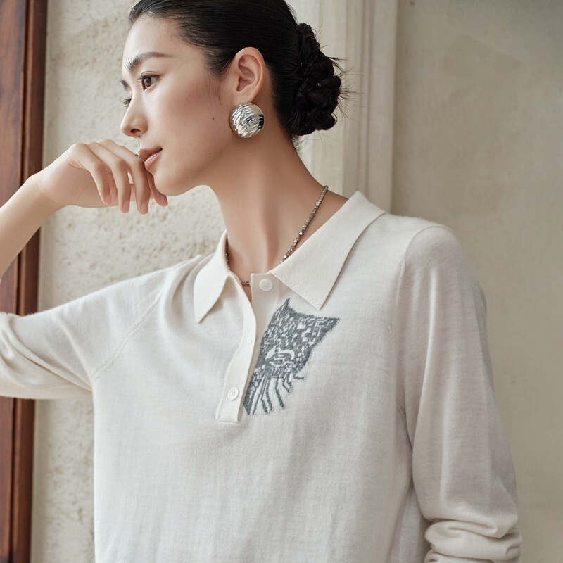 2026 Spring and Autumn New Collection 18-Gauge 68-Count Fine-Spun Pure Cashmere Long-Sleeve Shirt Collar Pullover Thin Style with Intarsia Cat Head Design