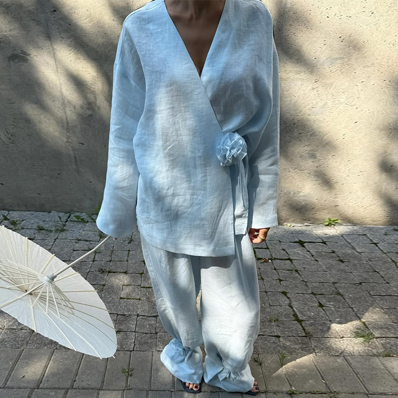 欧美跨境女装2025秋季新款休闲V领长袖花朵开衫外套阔腿长裤套装|undefined