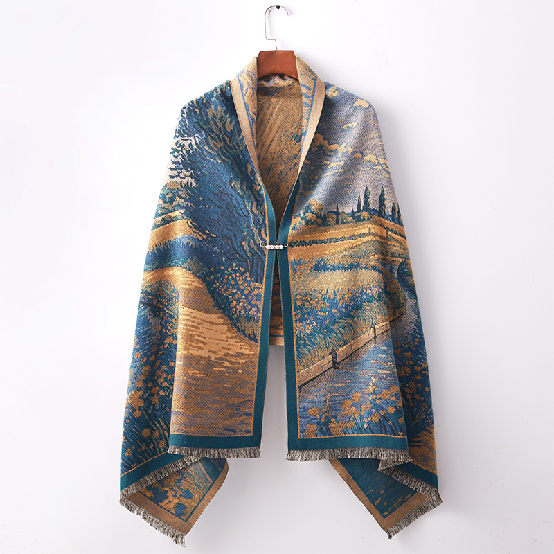 跨境新款秋冬保暖仿羊绒围巾梵高油画时尚亲肤保暖披肩围脖