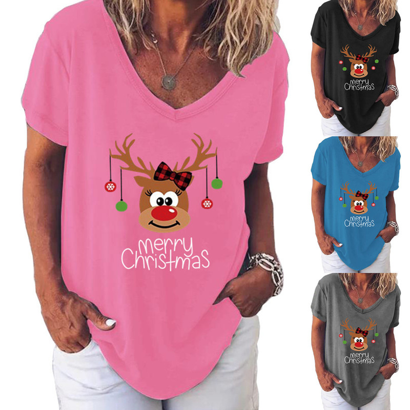 Cross-border foreign trade wish Amazon independent station European and American Christmas women's V-neck short-sleeved T-shirt women