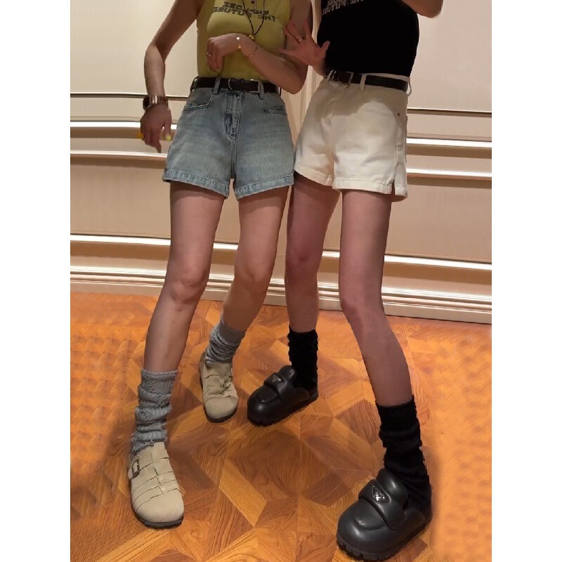 2025 Summer New High-Waisted Elastic Slit Denim Shorts for Women Plus Size Fat mm Slimming Look Wide-Leg A-Line Hot Pants