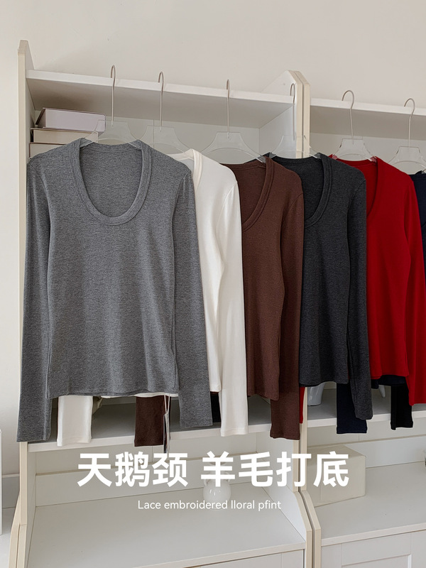 Wool Scoop Neck Base Shirt for Women 2025 Autumn and Winter New Thickened Warm Long-Sleeve Slim Fit Top