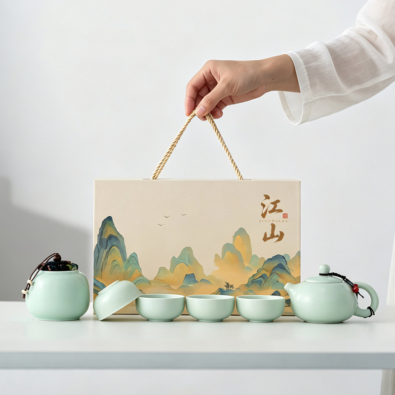 Chinese-style cultural and creative kung fu tea set gift box, ceramic one pot and four cups, Mid-Autumn Festival event gift with logo printing Chinese-style cultural and creative kung fu tea set gift box, ceramic one pot and four cups, Mid-Autumn Festival event gift with logo printing