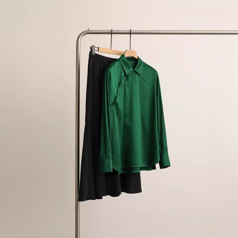 Spot Summer Flowing Gem Stretch Satin Diagonal Placket Accessible Luxury Emerald Silk Mulberry Silk Shirt Dropshipping