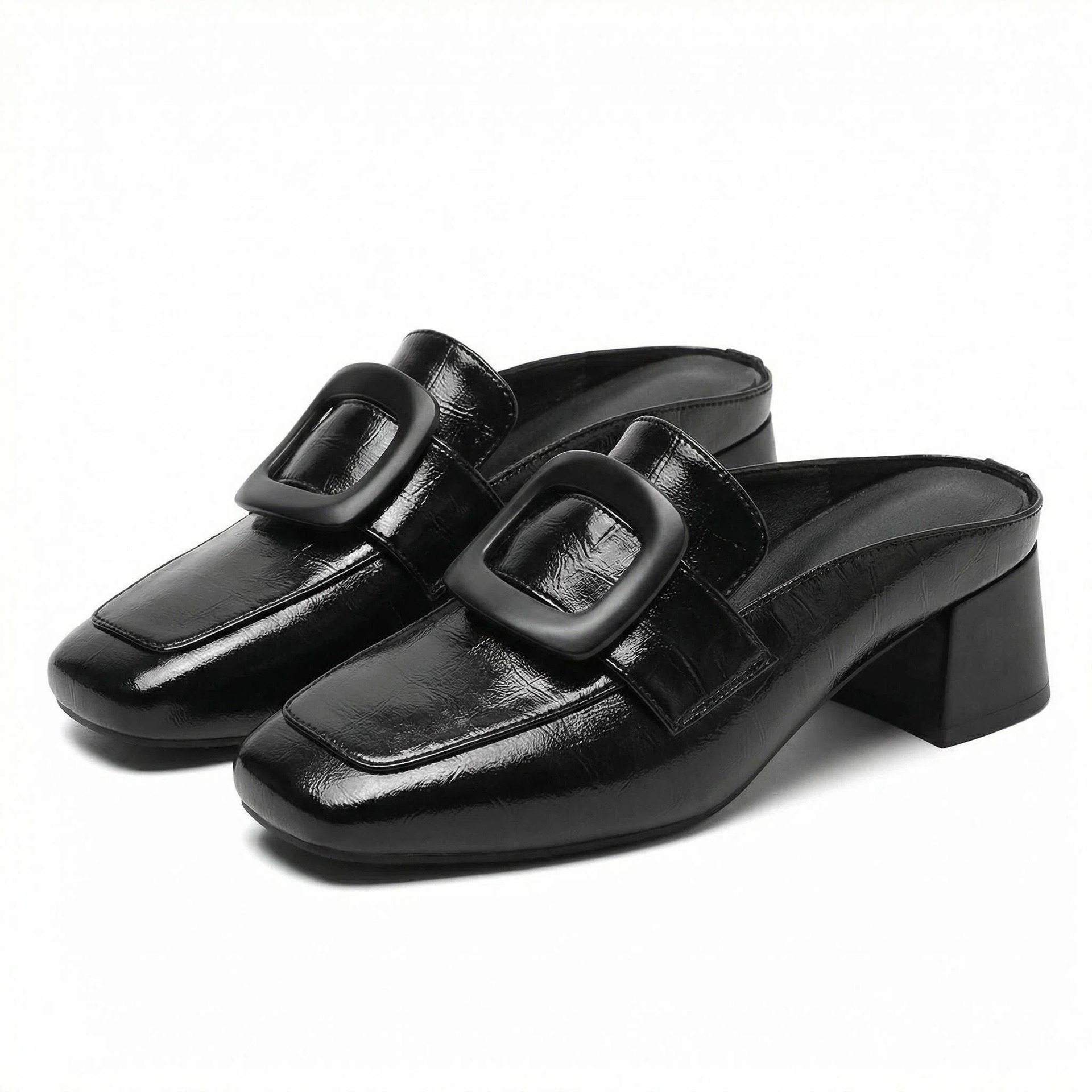 Mueller zapatos de mujer primavera nuevo cuadrado tacones gruesos zapatillas de medio temperamento retrógrado zapatos de cuero esmaltado zapatos de mujer image 6