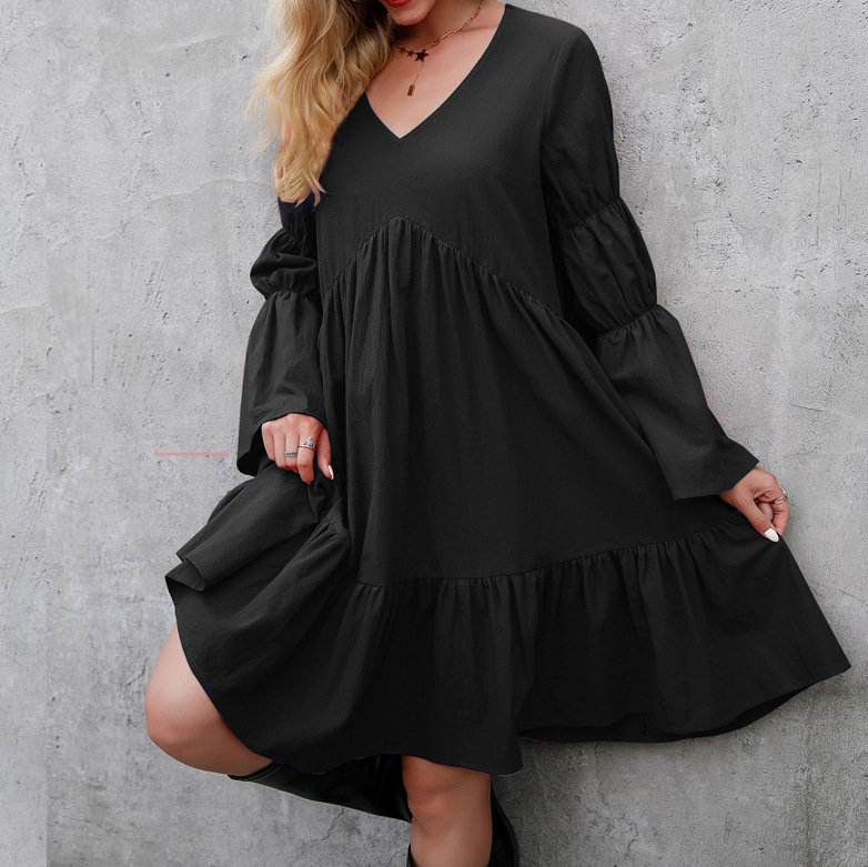 Fashion Solid Color V Neck Long Sleeve Ruffles Cotton Dresses Above Knee A-line Skirt display picture 17