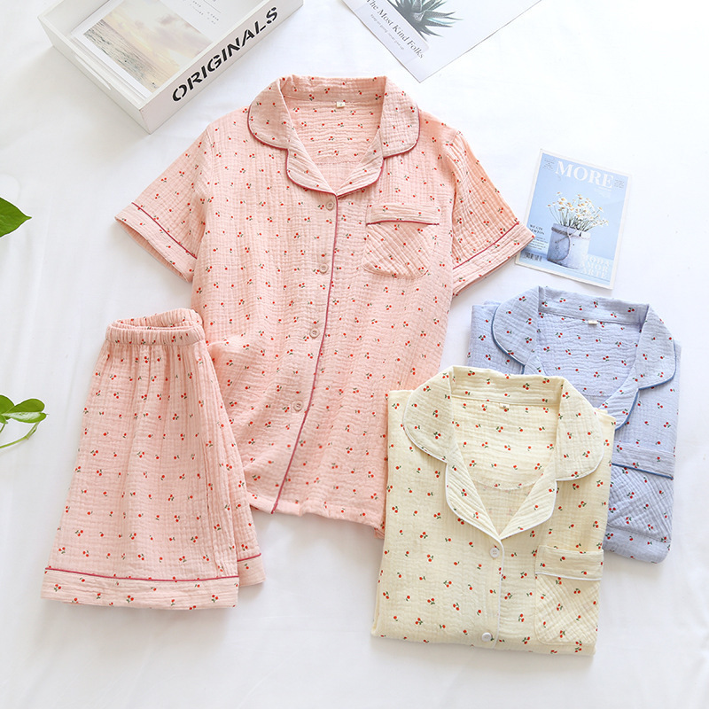 New Cherry Pajamas Women's Summer Short-sleeved Shorts Cotton Crepe Thin Sweet Cute Japanese Style Home Suit