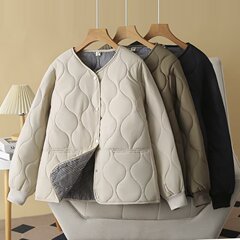 2024秋冬大码轻薄棉服女圆领棉外套胖mm简约休闲棉衣9056