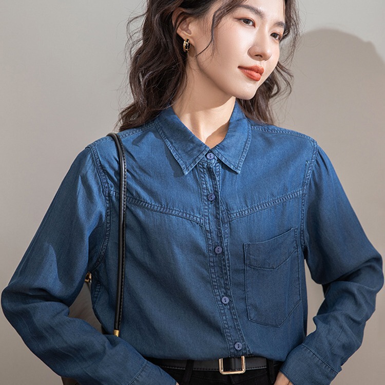 Dark blue Tencel Denim shirt Women's thin stacked small spring and autumn inner wear Hong Kong style retro soft Denim top