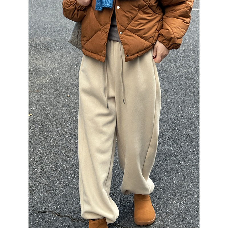 [Zhichengxi] Pantalones de chándal de invierno gruesos y con forro polar Taichuan, pantalones de chándal de pierna ancha cálidos con cordón para mujer 5575