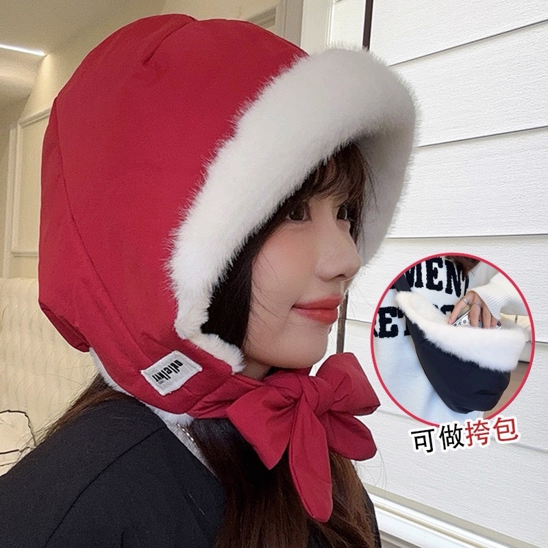 新款羽绒棉帽子女冬季加绒护耳帽绑带骑行保暖防寒滑雪休闲雷锋帽|undefined