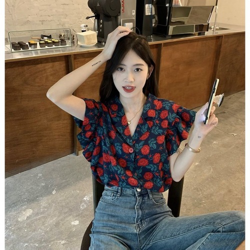 Floral Collared Women's Vintage Hong Kong Style Summer New Design Fly Sleeve Suit Collar Unique Topcoat