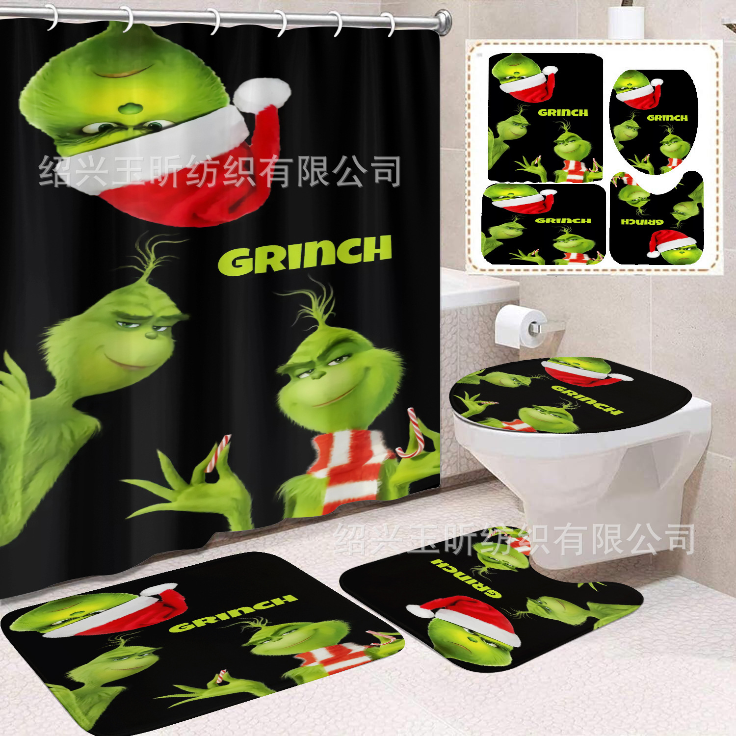 Tela de cortina de ducha transfronteriza, cortina de ducha impermeable, alfombra antideslizante de baño, juego de Grinch 4 de pelo verde al por mayor, sin perforación