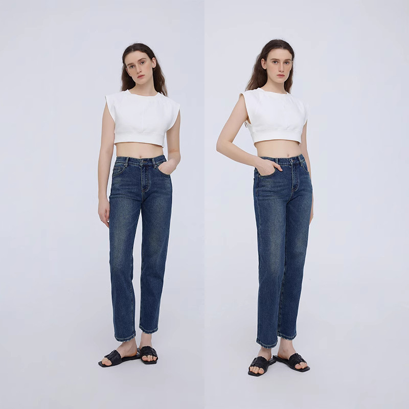 25 New Retro Blue Stretchy Versatile High-Waisted Hip-Lifting Straight-Leg Denim Pants for Women, Trendy Ins Style, Factory Ready Stock