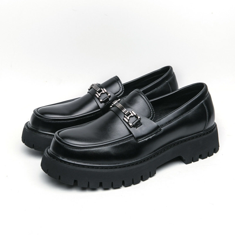 Giày lười nam da PU đế dày kiểu Anh, giày moccasin trơn đầu tròn — A0137 bề mặt đen bóng, A0137 màu đen, A0137 trắng đen
