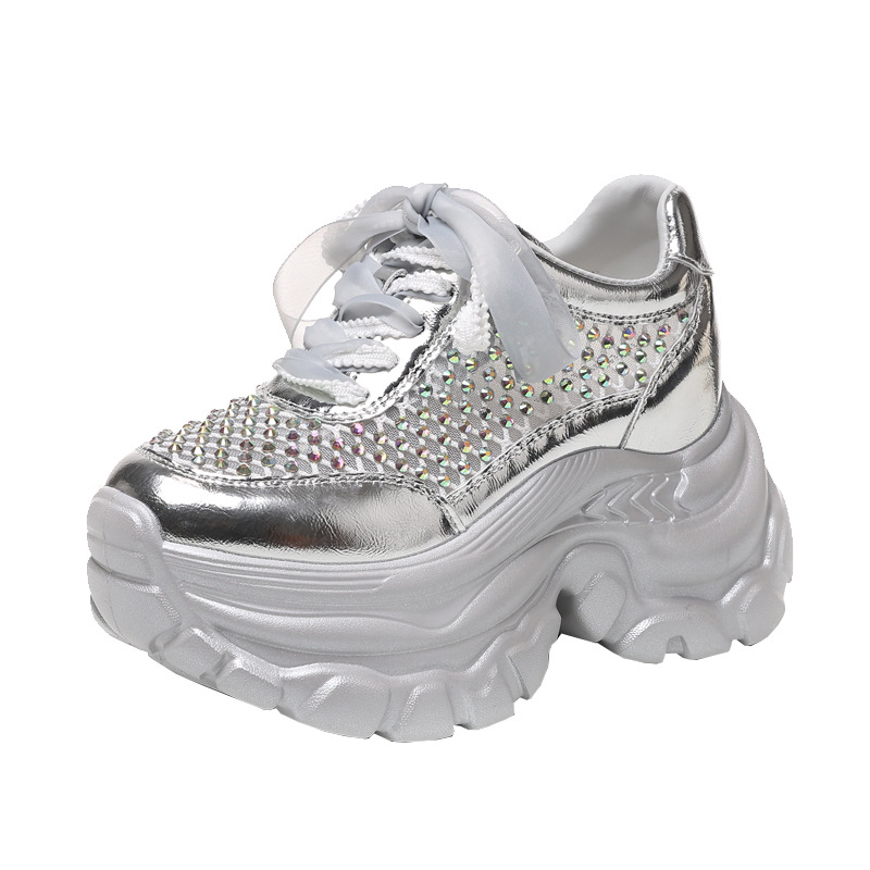 Giày sneaker chunky nữ đế dày lưới thoáng khí tăng chiều cao đính đá — Màu đen
