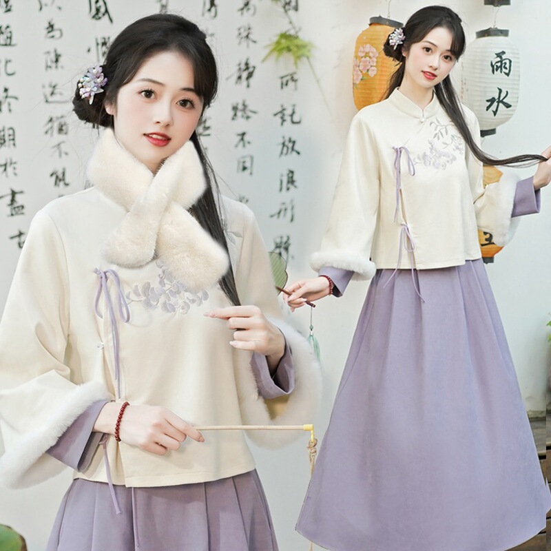 Original Copyright New Chinese Style Improved Cheongsam Deerskin Velvet Retro Top and Skirt Two-Piece Set Wisteria