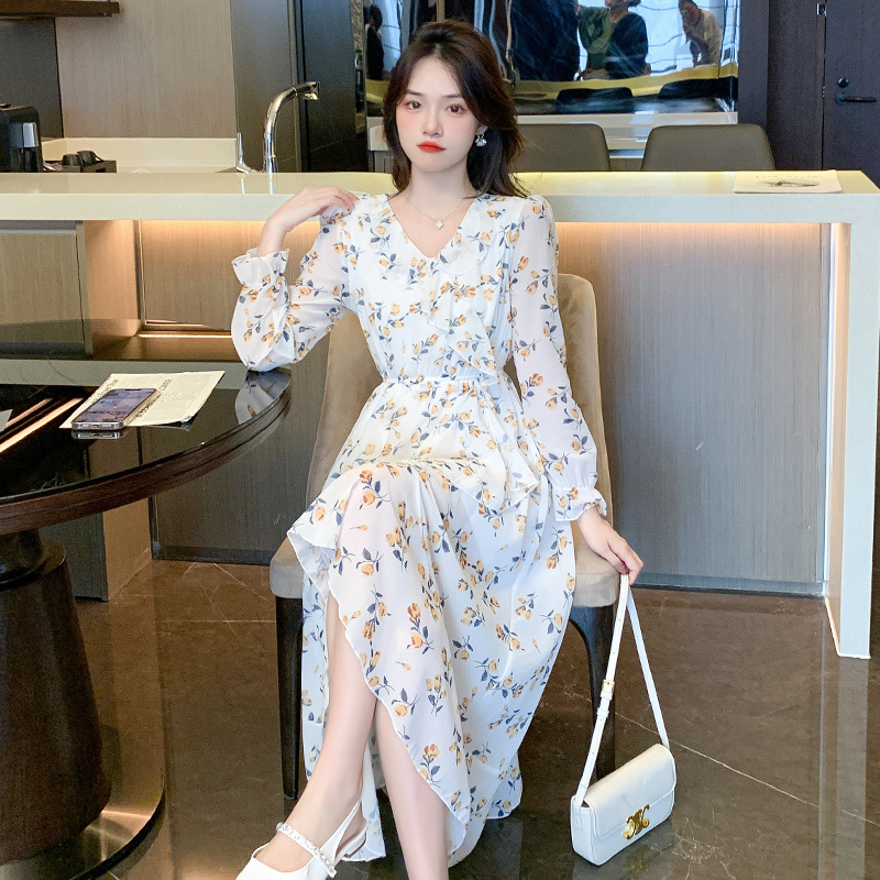 长袖雪纺碎花连衣裙女2025秋季新款脚踝仙气森系气质长款仙女裙子|undefined