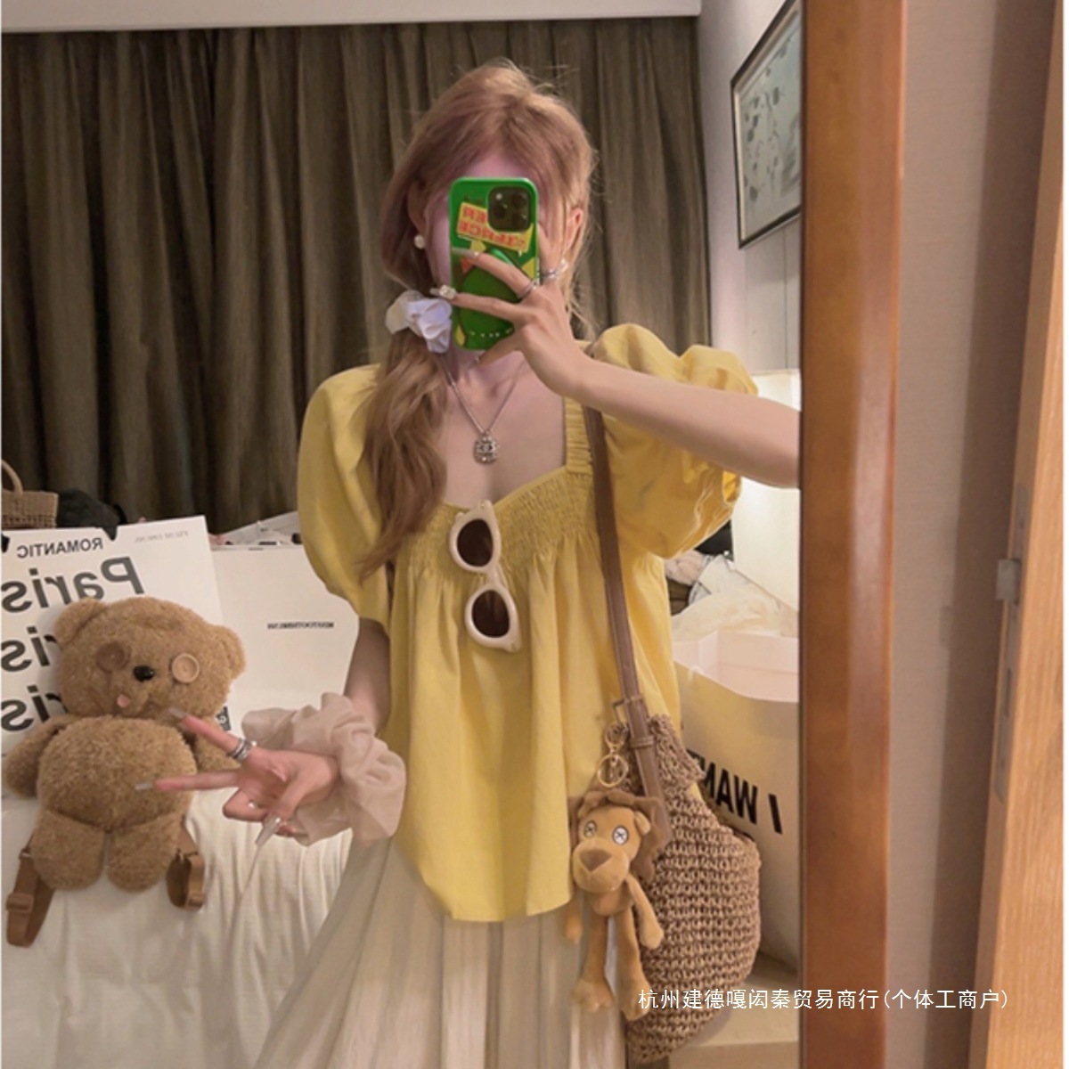 李黄色方领短袖衬衫娃娃衫女夏宽松设计感遮亚麻棉泡泡袖上衣