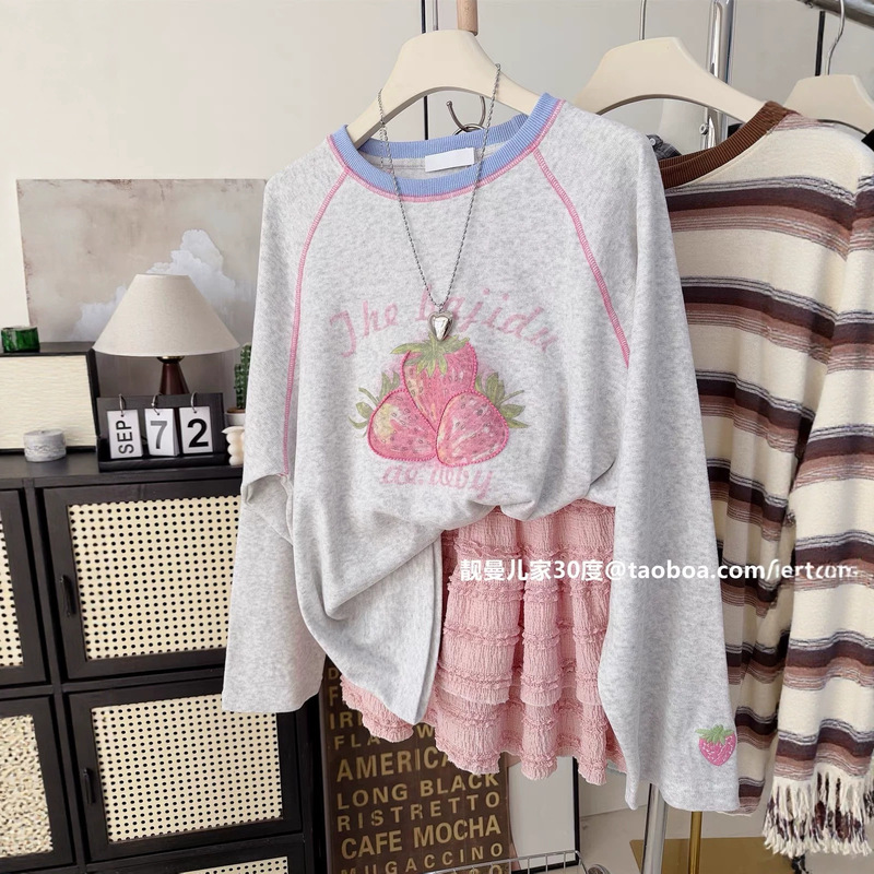 Korean Dongdaemun Plus Size 120kg Pure Cotton Big Strawberry Autumn New Long Sleeve T-Shirt Women's Loose Top Cross-Border