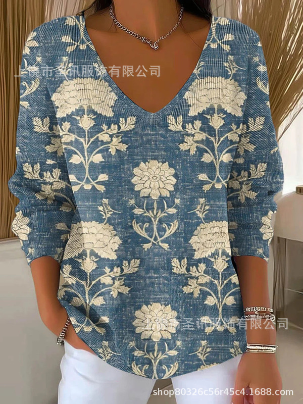 欧美跨境独立站新款3D印花女士时尚渐变色V领长袖T恤上衣|undefined