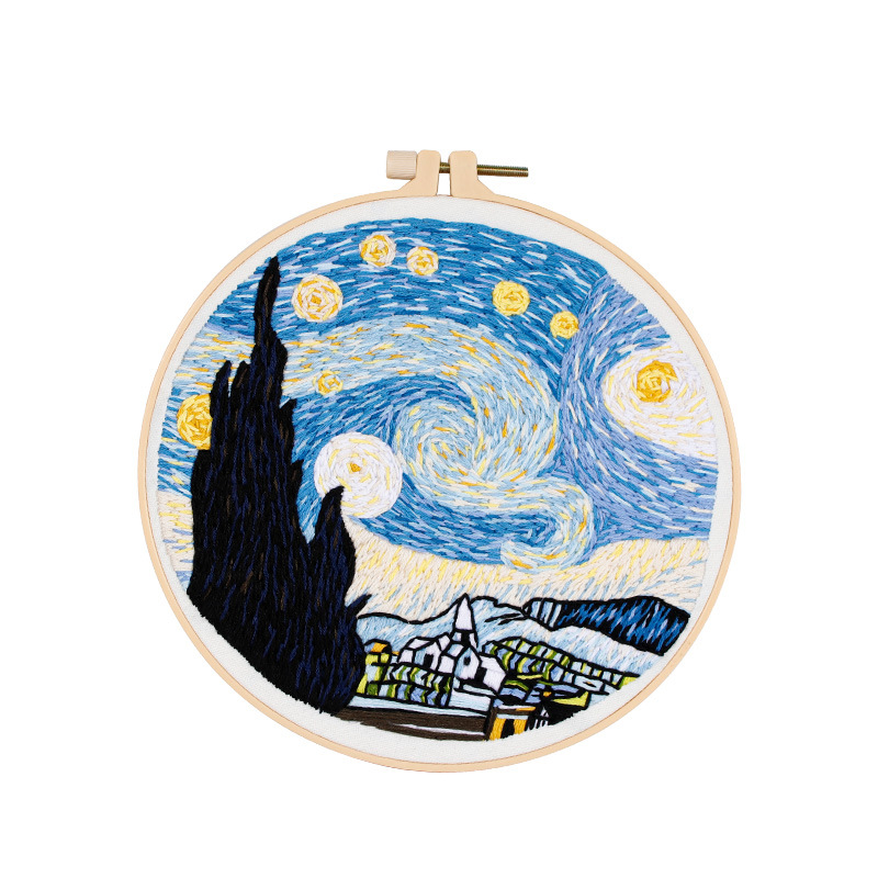 Van Gogh estrellado cielo DIY bordado hecho a mano paquete material costura traje estilo europeo paisaje estrellado cielo onda bordado tela impresión imagen