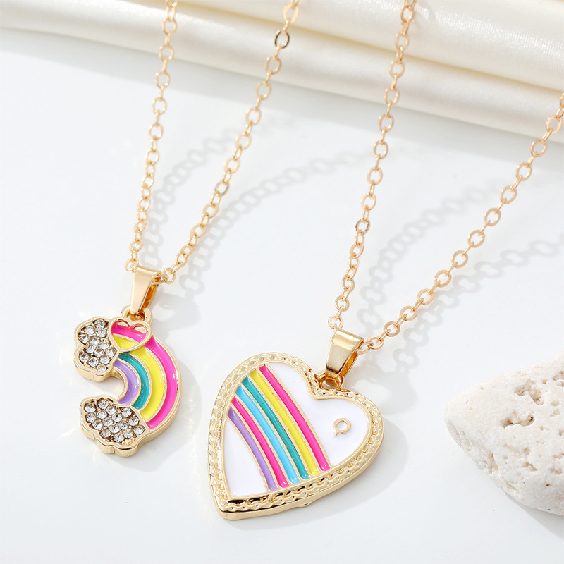 Korea Cute Rhinestone Rainbow Love Necklace Alloy Drop Oil Heart Pendant