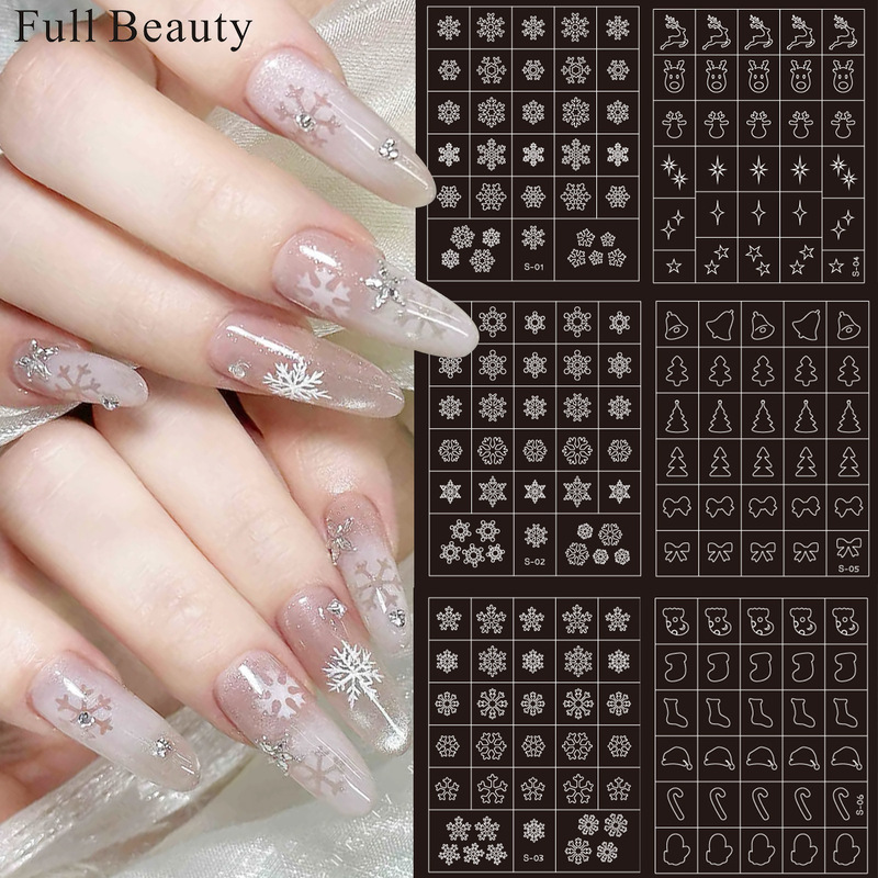 FULL BEAUTY Winter Christmas Snowflake Hollow Nail Art Sticker Spray Painting Decal Snowflake Deer Back Glue Nail Sticker