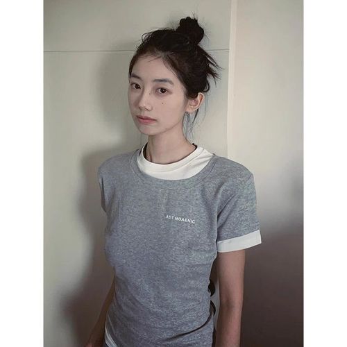 Women's Sweet and Spicy Collared Short-Sleeve T-Shirt with Contrast Color and Front Print, 260g Modal/Cotton Blend