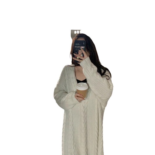 Korean Version New Retro Fashion Minimalist Thick Loose Cable Knit Winter Medium Length Cardigan Sweater
