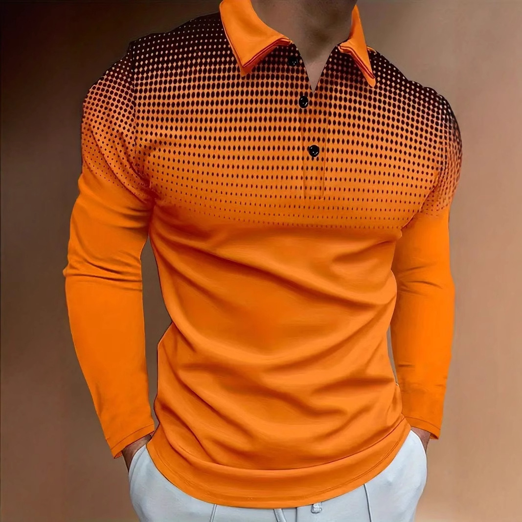 Puntos de color degradado simples con estampado 3D para hombres casuales de todo fósforo negocios sueltos de manga larga con cuello con botones en stock