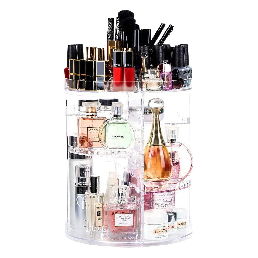 Estante de almacenamiento giratorio de escritorio Estante de tocador de cosméticos para el cuidado de la piel transparente de plástico