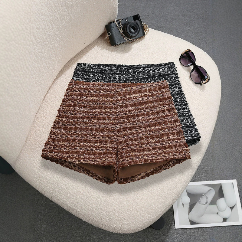 Chanel-Style Tweed Shorts Temu Amazon Women's Clothing High-Waisted Slimming Sequin Woven Wide-Leg Pants 9783