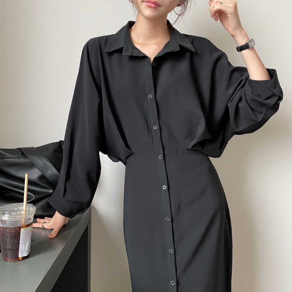 385g Weight Long Sleeve Sleeve Length A- Line Skirt Dresses Type Regular Sleeve Sleeve Type Polyester, Polyester Fabric Type Cardigan, Shirt Collar Neckline Regular Fit Fit Type Solid Color Pattern New Style, Japanese and New Leisure Style Elegant French Waist Cinching Slimming Fairy Tale Style Long Dress Goddess Look Loose Fit One Piece Pure Color Polyester Dress 1
