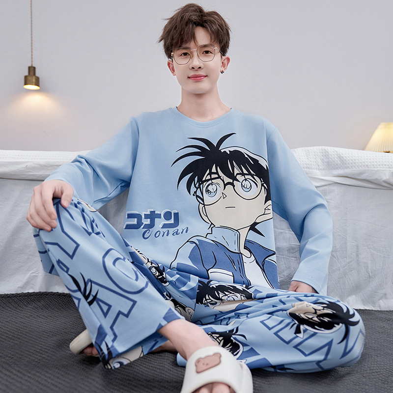 Men's Pajamas Spring and Autum New Long-Sleeved Pants Cartoon Boys Teenagers Large Size Home Clothes Set Can Be Worn Outside
