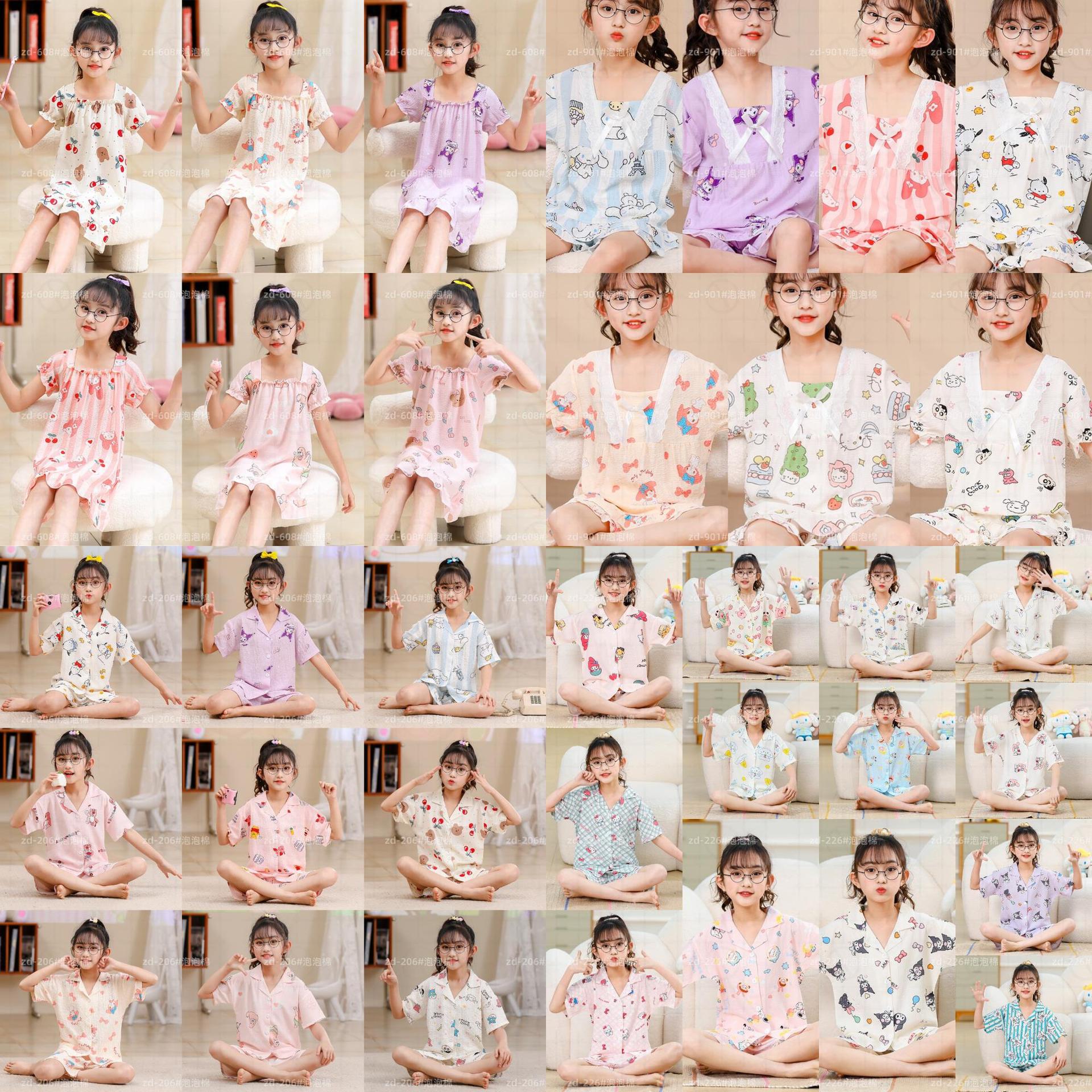 Pijamas infantiles niñas de manga corta verano espuma tejida tela arrugada dibujos animados niñas niños mayores cubierta de ropa de bebé
